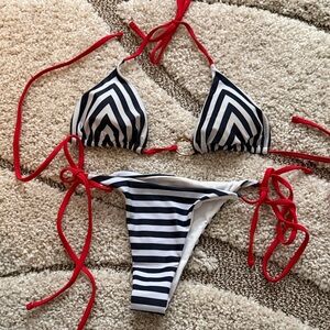 Striped Black and White Bikini with Red Accents